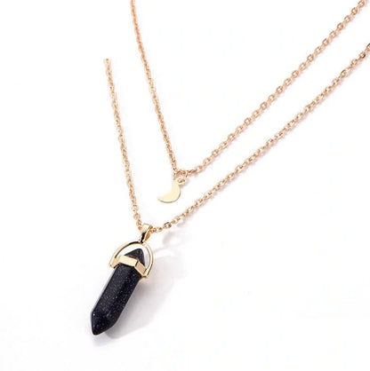 Stylish double moon natural stone pendant necklace with adjustable chain, available in multiple colors.