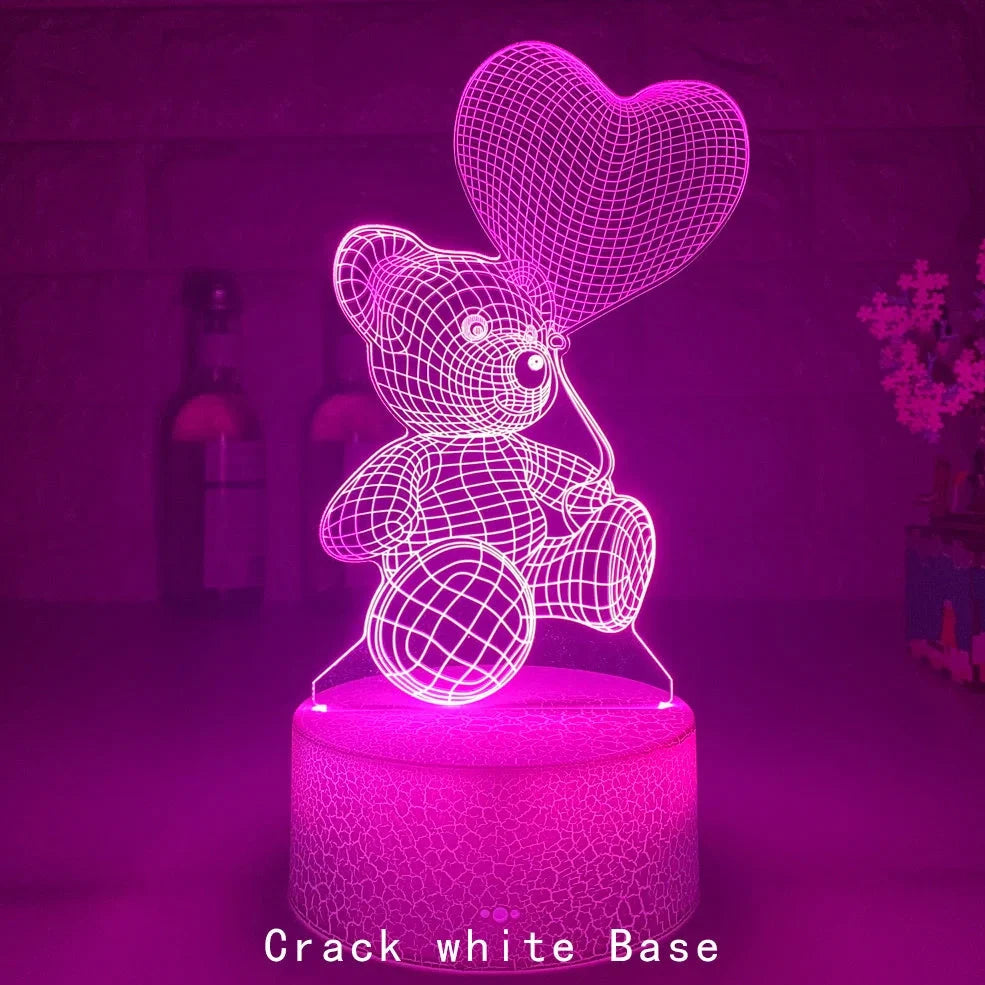 3D acrylic teddy bear LED night light with remote control showing 16 colour options and 85mm base