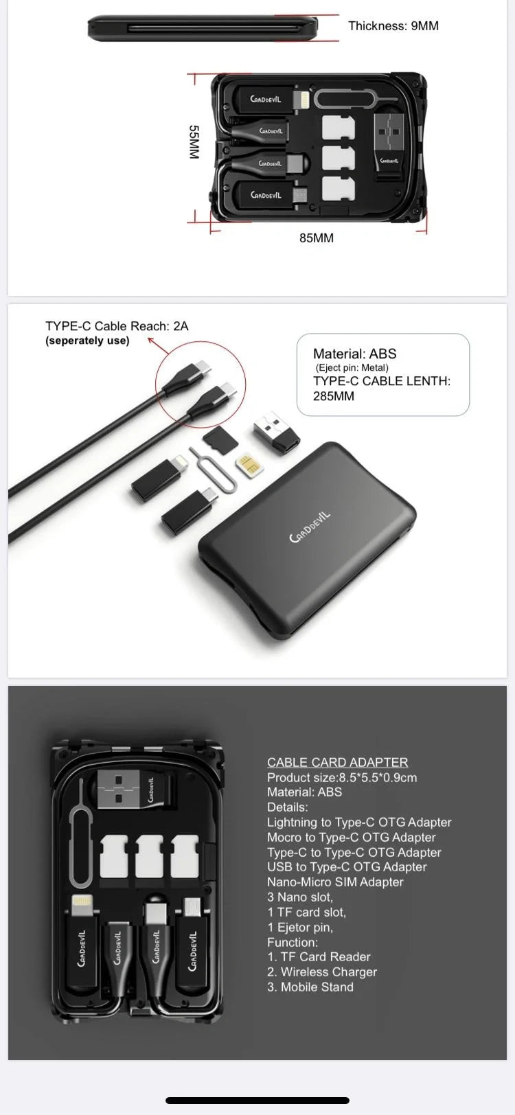 Multifunctional Travel Survival Card All-in-One Data Cable in black, featuring USB, Type-C, and micro USB interfaces