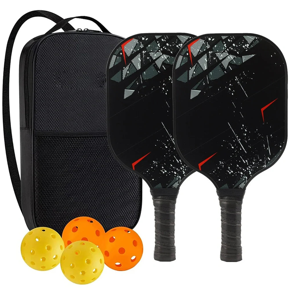 Peak Racket fibreglass squash set showing two rackets and four balls for complete playing equipment