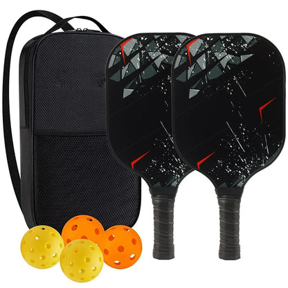 Peak Racket fibreglass squash set showing two rackets and four balls for complete playing equipment