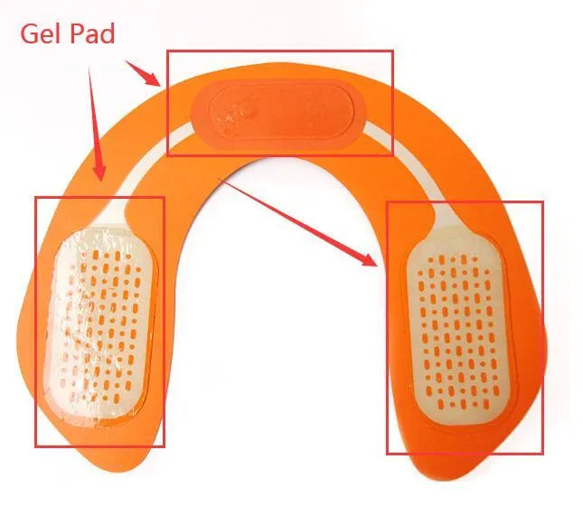 Compact EMS muscle stimulator unit with remote control and gel pads for abdominal and buttock toning.