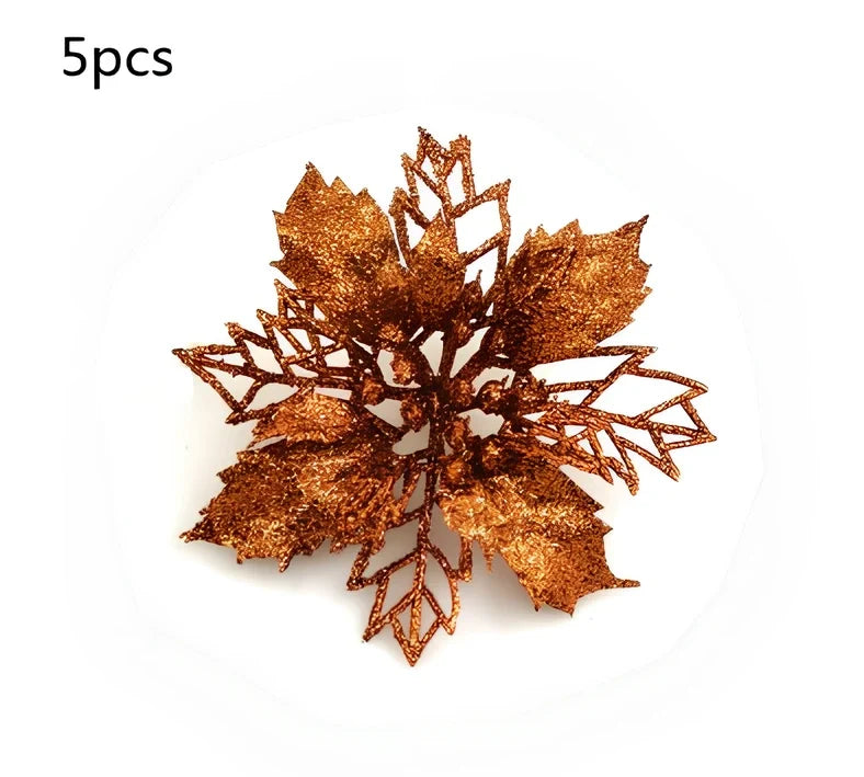 Glitter artificial Christmas flowers measuring 11cm with sparkling coating in various colour options