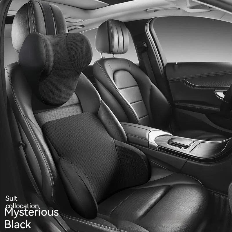 Car memory foam lumbar support pillow with headrest and three-dimensional hydrophobic latex filler in knitted fabric for automotive comfort, available in six colour options including black, grey, green, orange, purple, and red suits