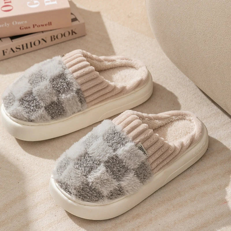 Women's plaid plush slippers with soft sole and non-slip design in various colors