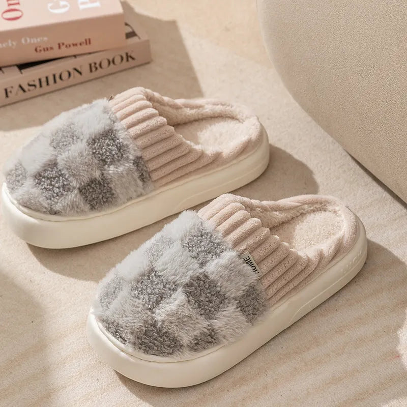 Women's plaid pattern plush slippers with coral velvet upper and non-slip sole in multiple colour options