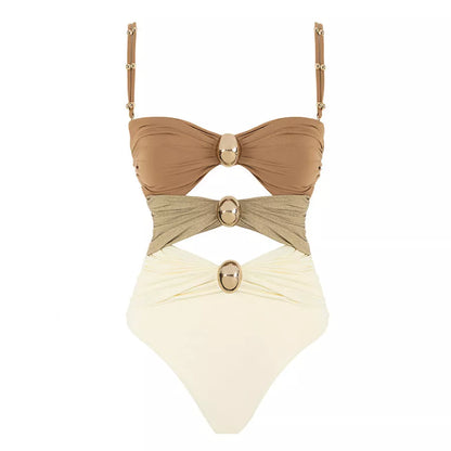 Women's one-piece swimsuit with round buckle decoration and hollow out stitching in various colors