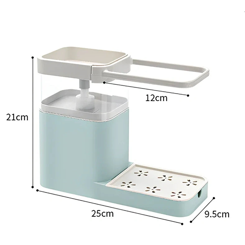Blue kitchen sink dispenser with towel bar and shelf measuring 25cm wide