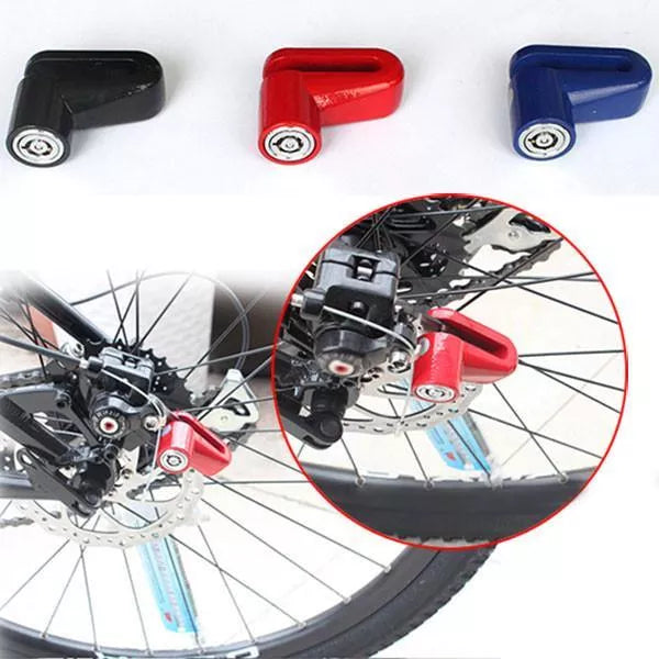 Steel anti-theft disc brake rotor lock for bicycles and motorcycles in red, blue, or black