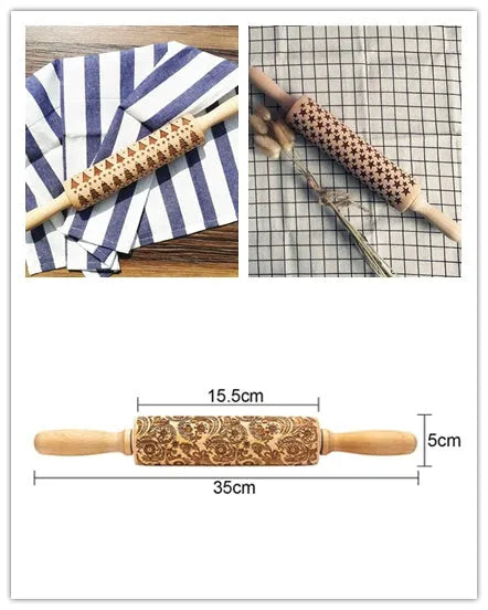 Wooden rolling pin with engraved Christmas patterns including reindeer and snowflakes on a 45cm long barrel.