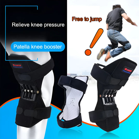 Adjustable spring knee brace for sports support in black, shown with straps.