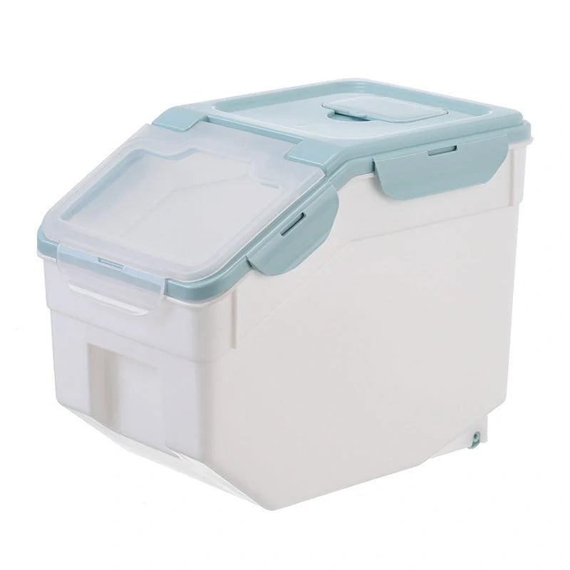 Large capacity moistureproof food storage container with wheels in blue, beige, or green