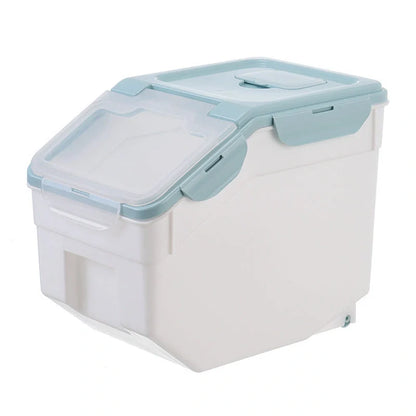 Large capacity moistureproof food storage container with wheels in blue, beige, or green