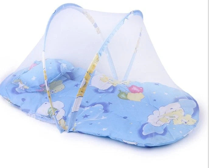 Portable foldable baby bed with mosquito net and sleeping cushion in blue and pink