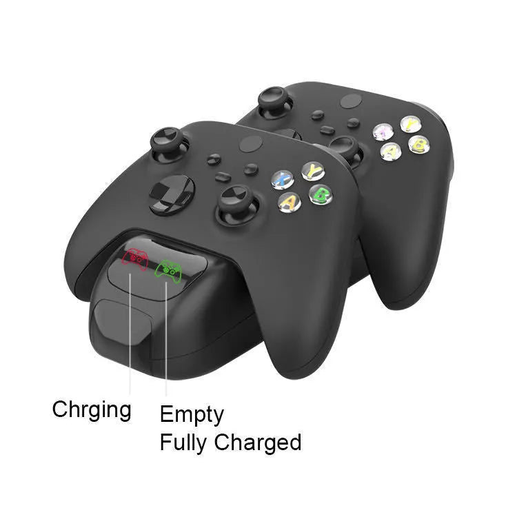 Black Xbox Series X/S dual controller charging station with LED indicators and Type-C cable