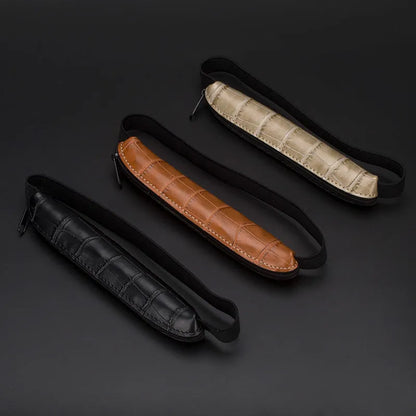 Long slim PU leather pencil case showing beige grey colour option with dimensions 16.5 by 3 cm