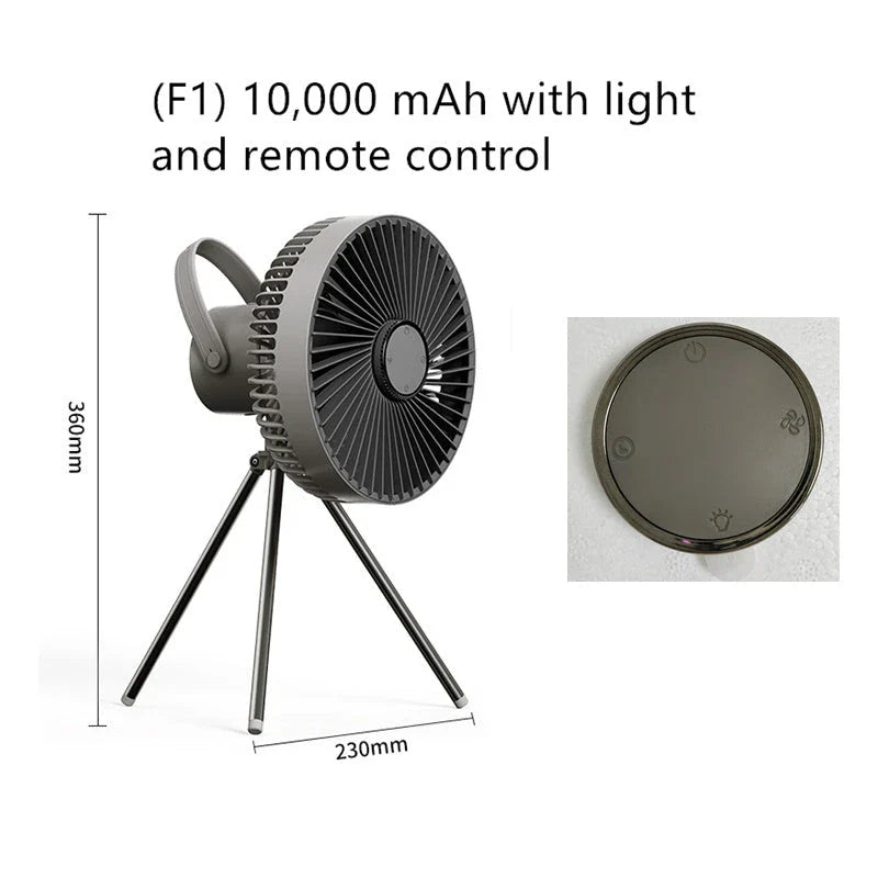 Versatile USB Rechargeable Camping Fan with Tripod Stand and Lantern, offering a premium aluminum alloy construction, 3-in-1 design, and powerful brushless motor for a refreshing outdoor experience.
