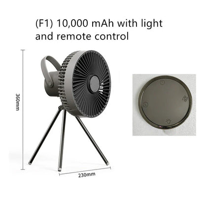 Versatile USB Rechargeable Camping Fan with Tripod Stand and Lantern, offering a premium aluminum alloy construction, 3-in-1 design, and powerful brushless motor for a refreshing outdoor experience.