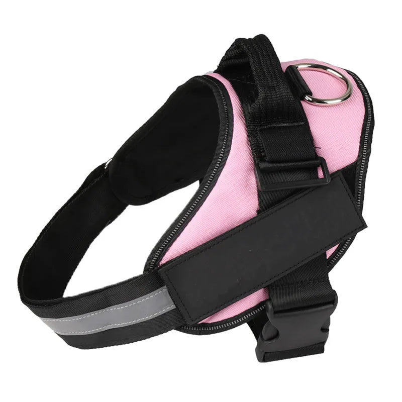 A reflective adjustable no-pull dog harness in nylon, shown on a dog, with a sturdy handle and D-ring for leash attachment.