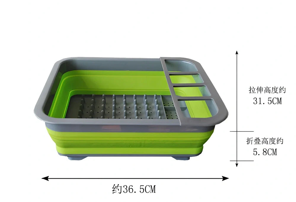 Grey folding kitchen dish rack showing collapsed flat position and separate utensil compartment