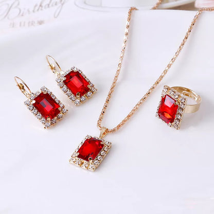 Elegant alloy crystal jewelry set with necklace, earrings, and ring in various colors
