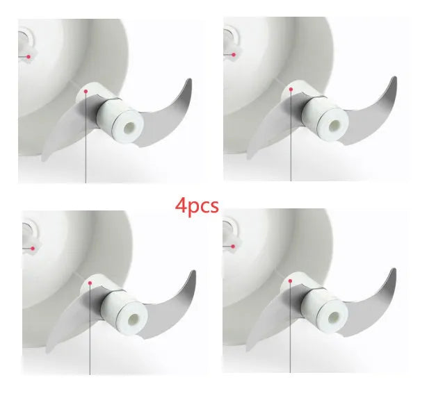 White manual food chopper with stainless steel blades on a kitchen countertop.
