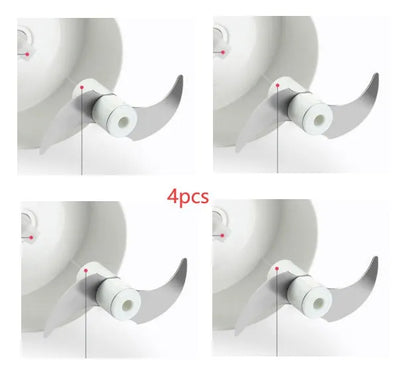 White manual food chopper with stainless steel blades on a kitchen countertop.