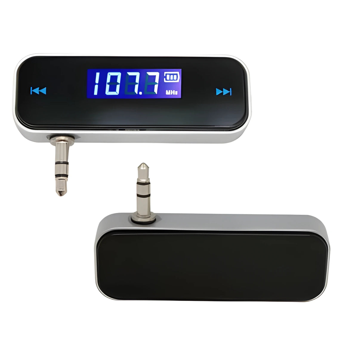 Black car FM transmitter with 3.5mm aux audio input, LCD display and PLL digital stereo, for Android phones and iPhones.