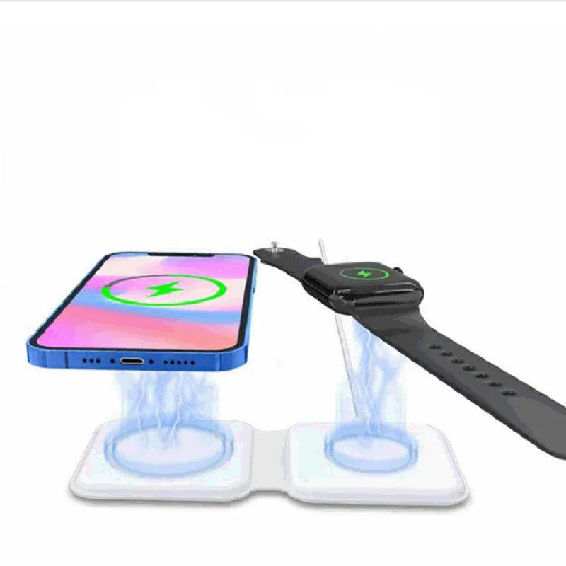 White foldable magnetic wireless charger showing dual charging surfaces and 180° folding mechanism