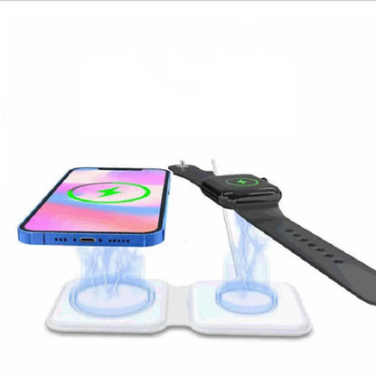 White foldable magnetic wireless charger showing dual charging surfaces and 180° folding mechanism