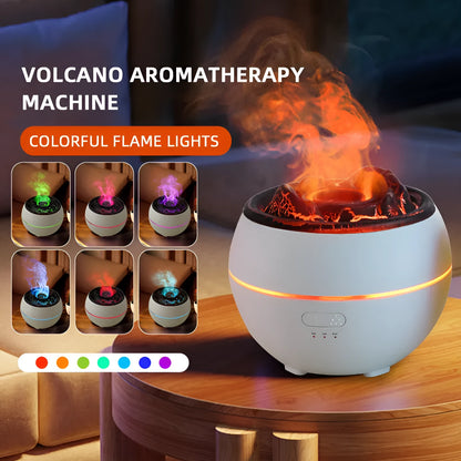 White flame aroma diffuser humidifier with round shape on wooden desk