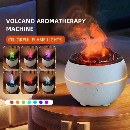 White flame aroma diffuser humidifier with round shape on wooden desk