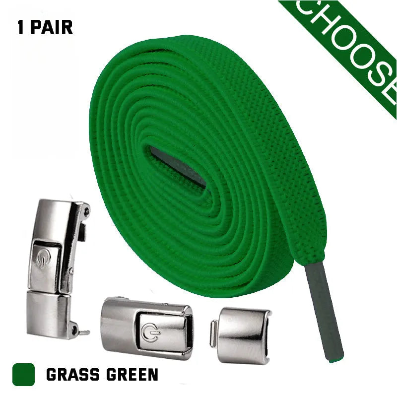 A pair of black widened flat elastic shoelaces with a silver press lock buckle on a white background.