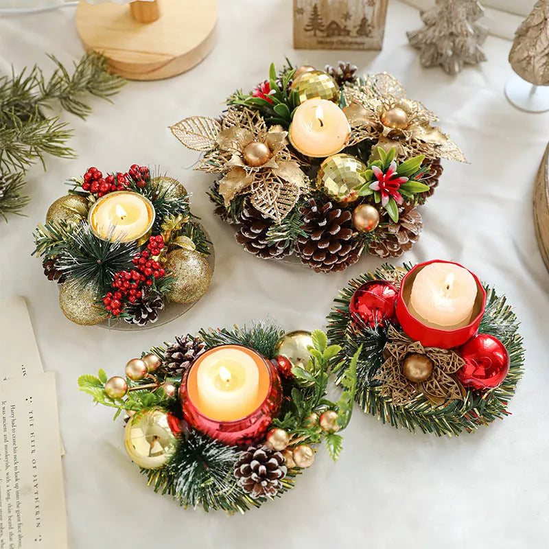 Christmas candlestick wreath with artificial pinecones and fake leaves for holiday decor