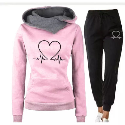 Women's Love Heart Printed Sports Suit with hooded sweatshirt and drawstring pants