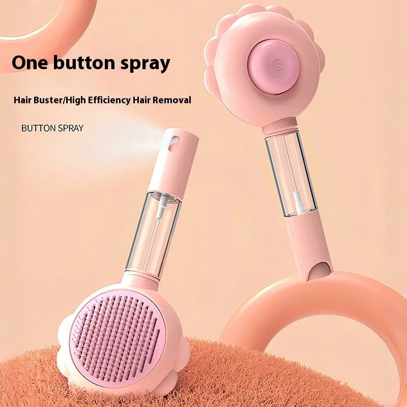 A versatile pet grooming brush with a built-in spray function for efficient hair removal and a calming grooming experience