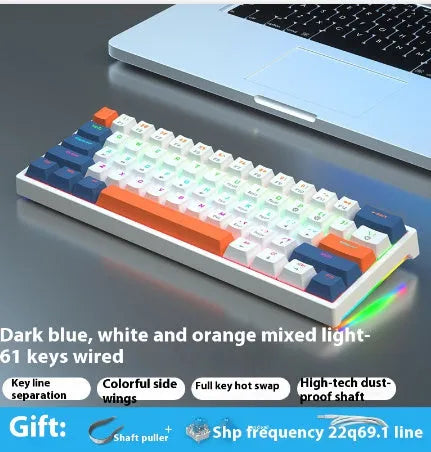 Small white 61-key mechanical keyboard with hot-swappable sockets and a black USB cable.