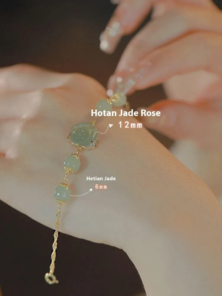 Women's bracelet crafted from Hetian jade featuring a rose flower design with 14K gold gilding, a literature style niche accessory for female jewellery collectors seeking original national style pieces