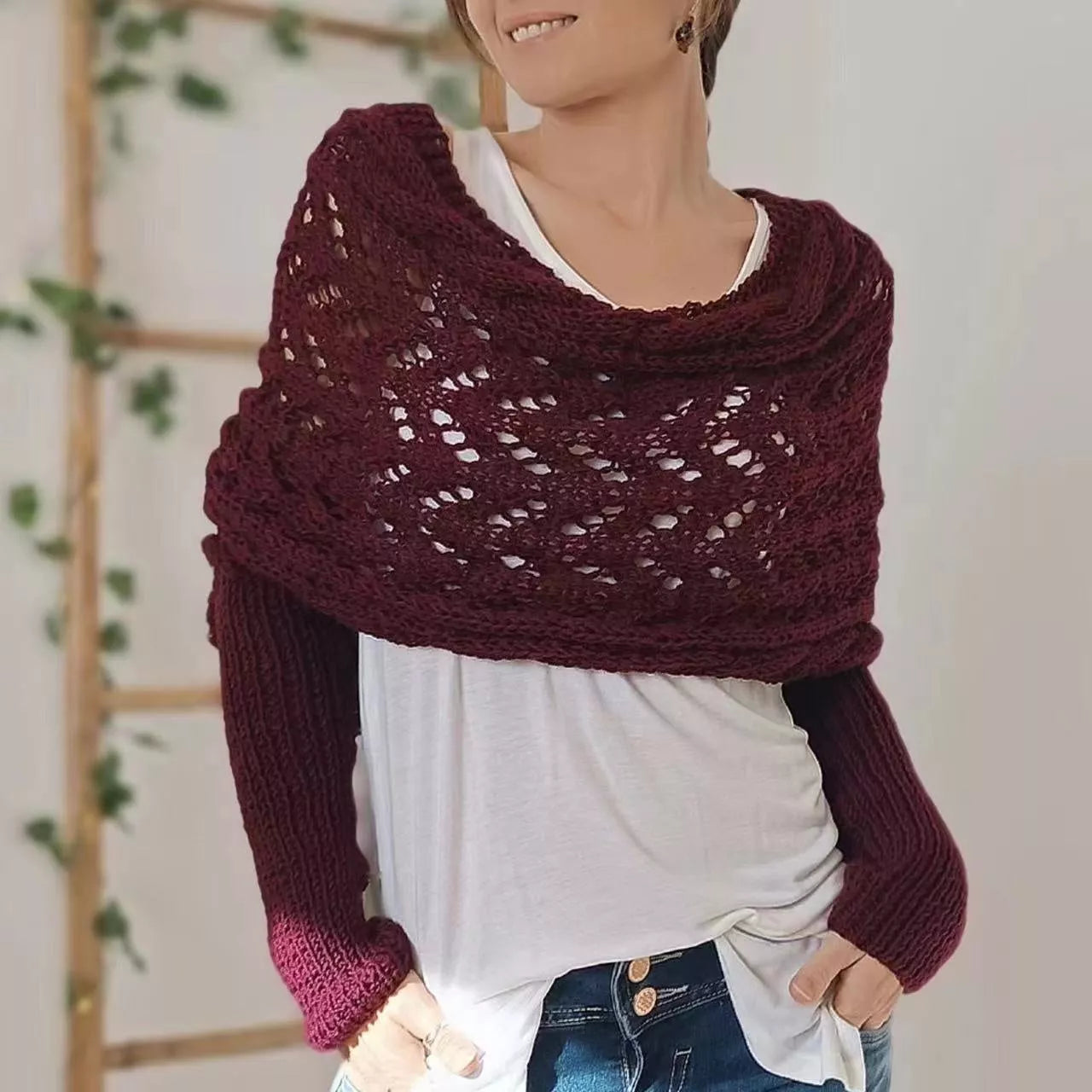 Women's hollowed-out double sleeve knitted shawl in various colors