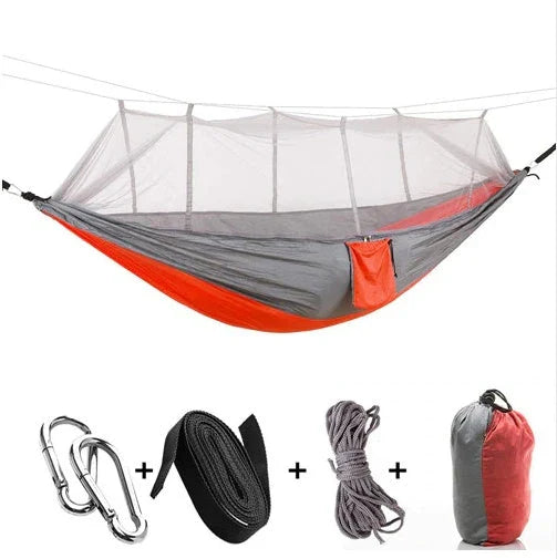 Lightweight and portable parachute hammock with mosquito net for outdoor relaxation