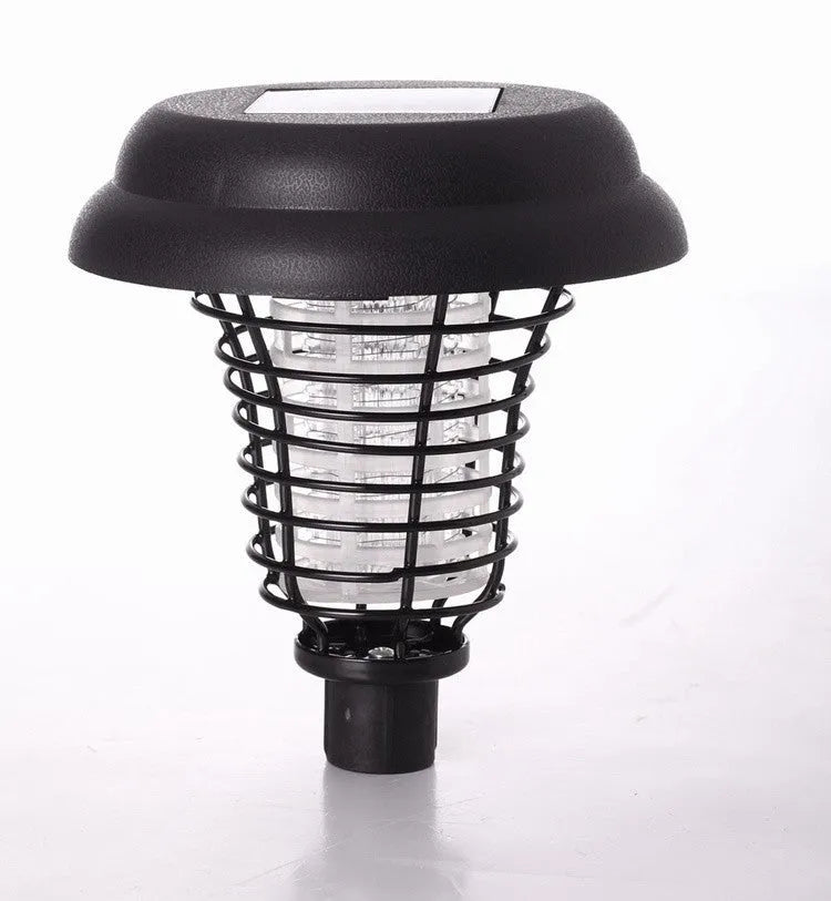 Black solar LED anti-mosquito lamp with UV bug zapper, metal grill and solar panel for outdoor garden use