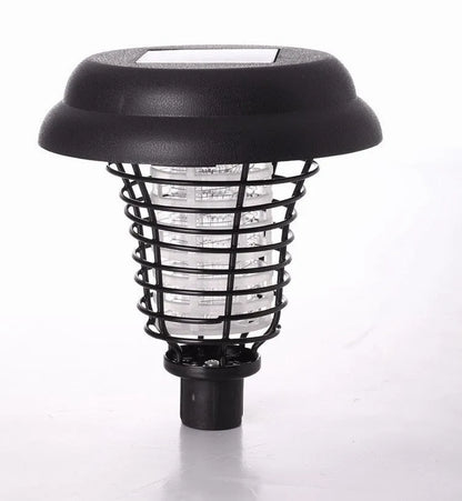 Black solar LED anti-mosquito lamp with UV bug zapper, metal grill and solar panel for outdoor garden use