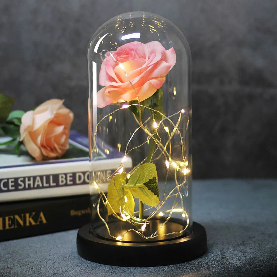 Enchanted Forever Rose in Glass LED Light Christmas Decoration with wooden base