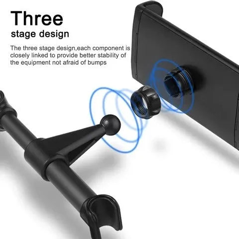 Black car tablet holder mounted on vehicle rear seat base holding iPad
