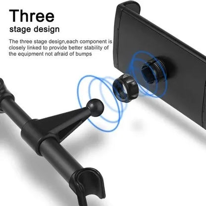 Black car tablet holder mounted on vehicle rear seat base holding iPad