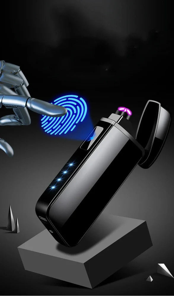 Zinc alloy charging lighter in black brushed finish, 80x35x13 mm with windproof arc and USB port