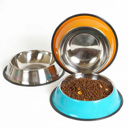 Stainless steel pet bowl with colourful melamine exterior in various sizes with non-slip rubber base