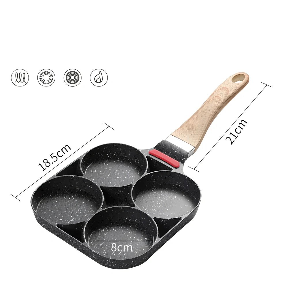 Four-hole non-stick fried egg pan, 24 cm diameter, aluminium with Whitford granite coating, 2 cm depth, silicone handle