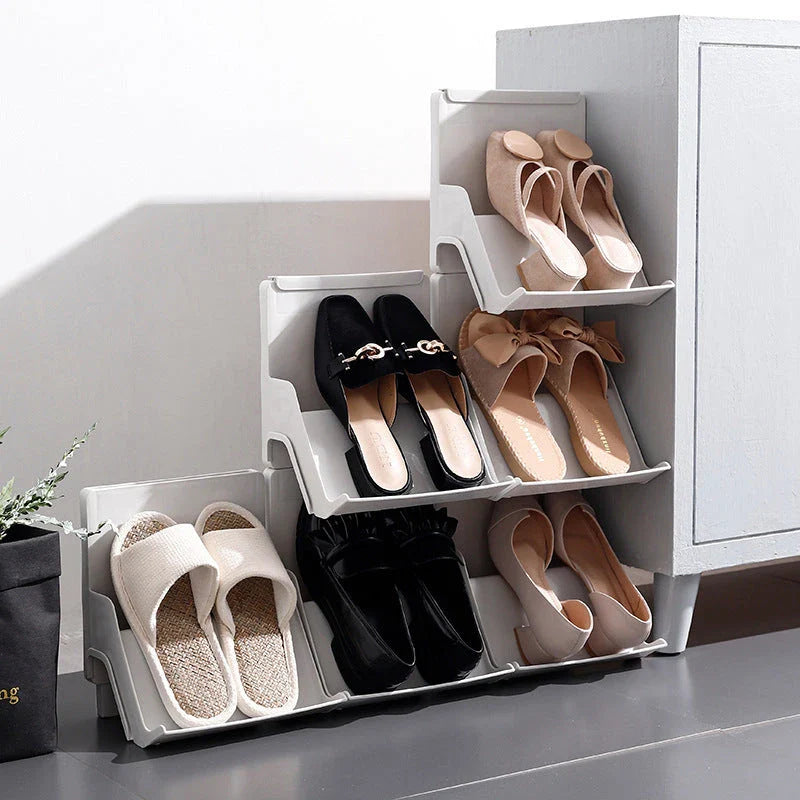Multi-tier shoe rack organizer in beige and gray colors, featuring a stackable design to maximize storage space for various shoe types