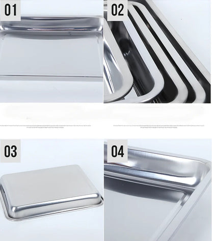 Stainless steel square food storage tray with mirror finish and smooth curled edges